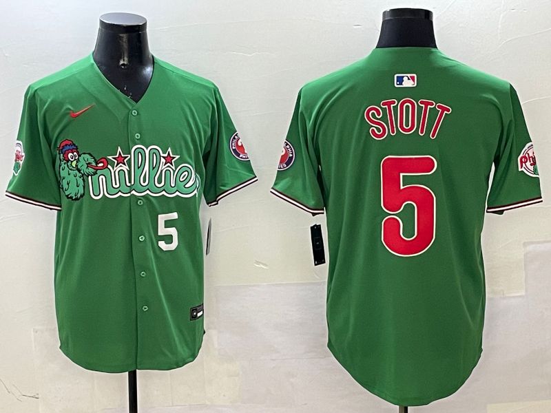 Men Philadelphia Phillies #5 Stott Green Three generations Joint Name Game 2025 Nike MLB Jersey style 2